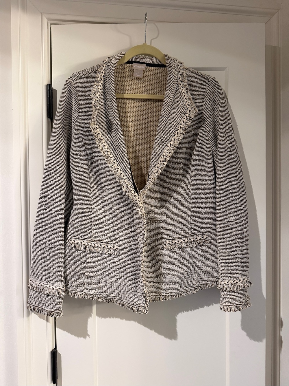 Chico's Cream & Gray Tweed Fringe-Trim Blazer